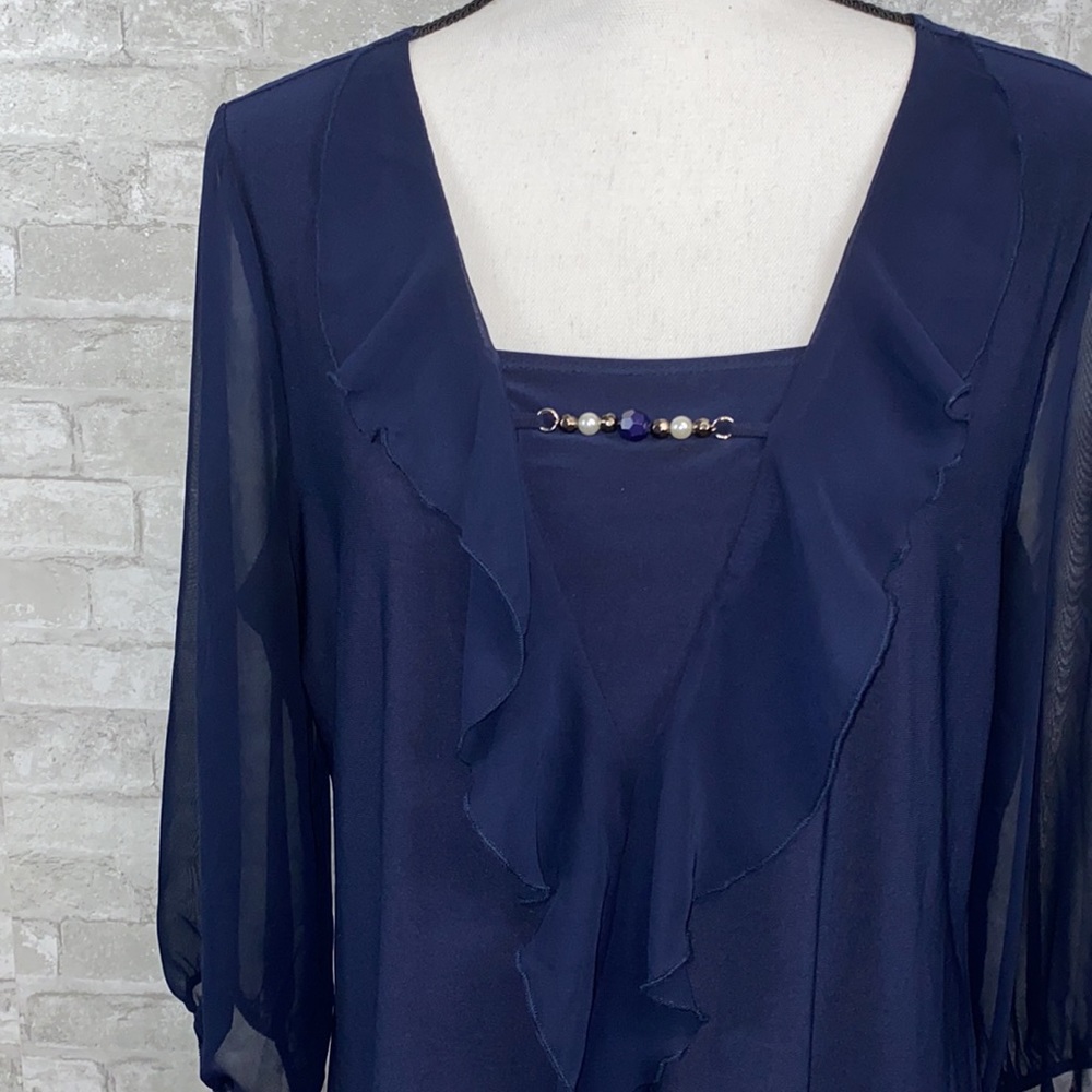 Navy Ruffled Chiffon Blouse with Beaded Accent